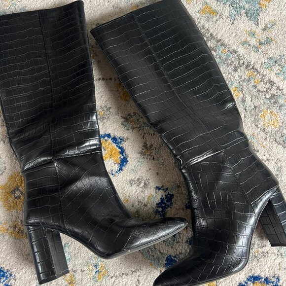 Black (faux) Croc Leather Knee High Boots - Picture 2 of 6